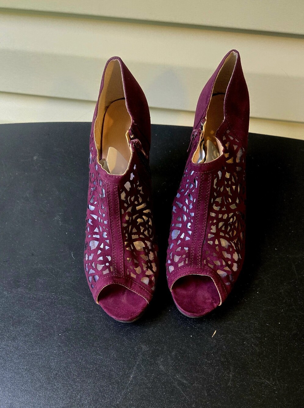 Women's Burgundy Suede Peep-Toe Laser Cut Booties